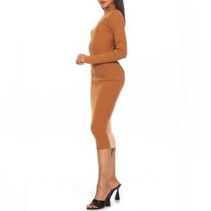 Alexia Admor Womens M Eliah Long Sleeve Knit Midi Dress in Tan NEW